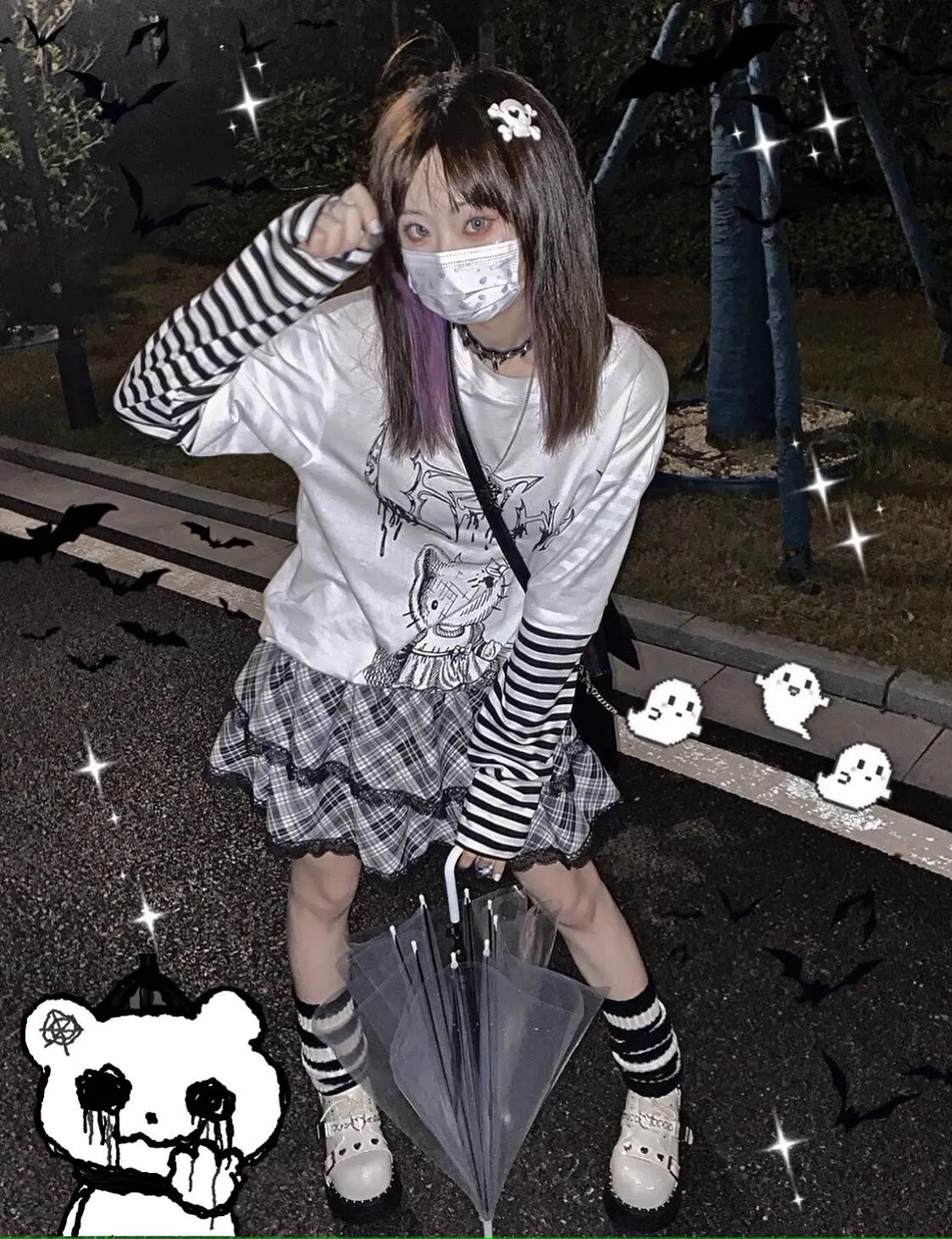 Harajuku Fashion Black White Skirt Plaid Lace Hem Tiered Skirt