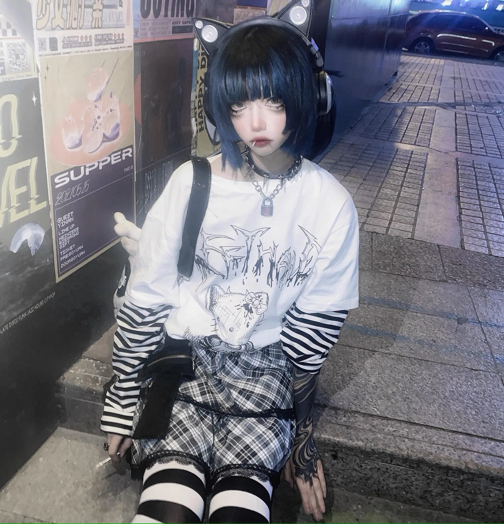 Harajuku Fashion Black White Skirt Plaid Lace Hem Tiered Skirt