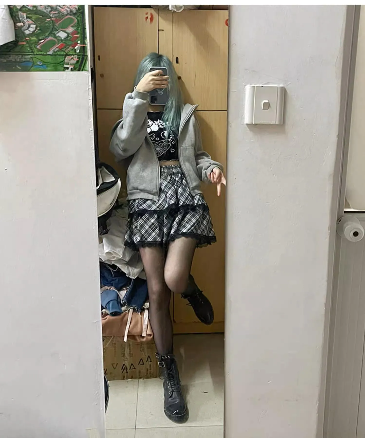 Harajuku Fashion Black White Skirt Plaid Lace Hem Tiered Skirt