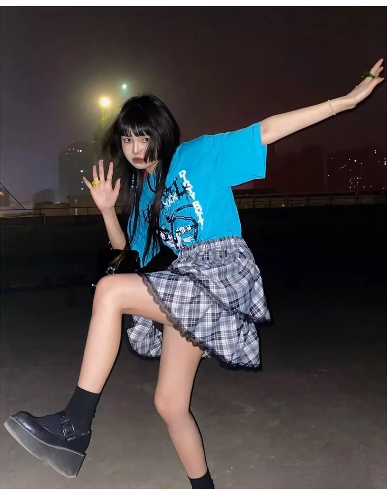 Harajuku Fashion Black White Skirt Plaid Lace Hem Tiered Skirt