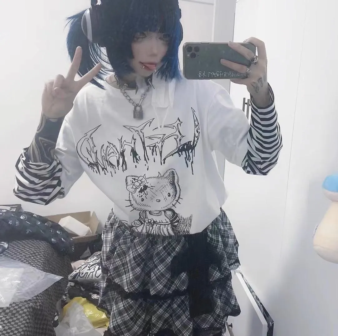 Harajuku Fashion Black White Skirt Plaid Lace Hem Tiered Skirt