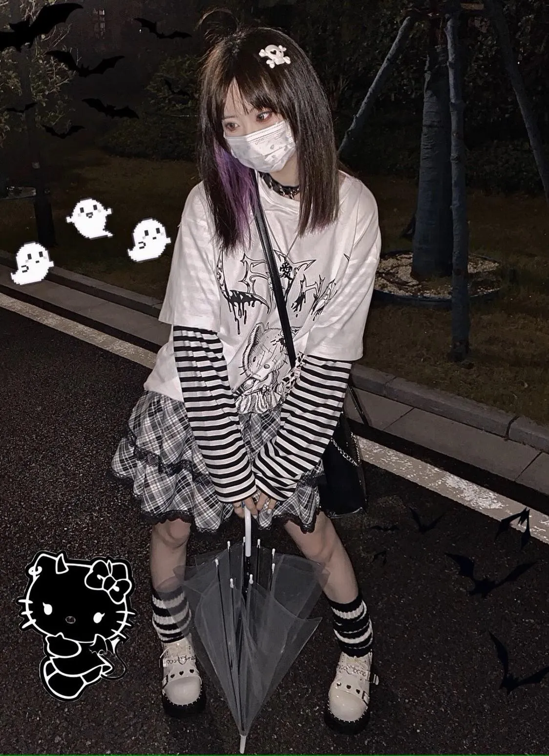 Harajuku Fashion Black White Skirt Plaid Lace Hem Tiered Skirt