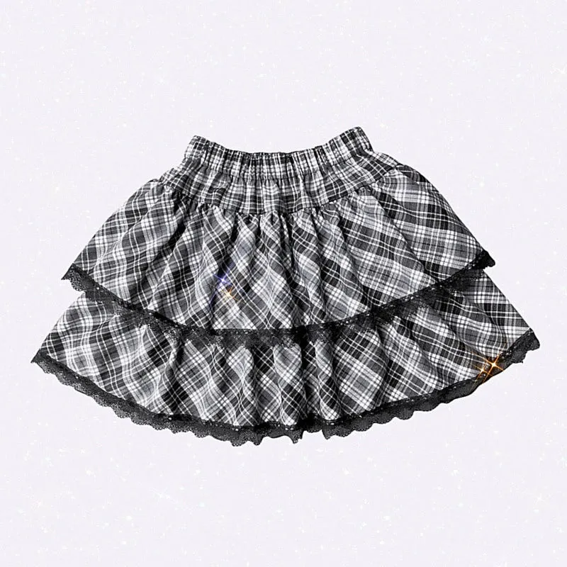 Harajuku Fashion Black White Skirt Plaid Lace Hem Tiered Skirt