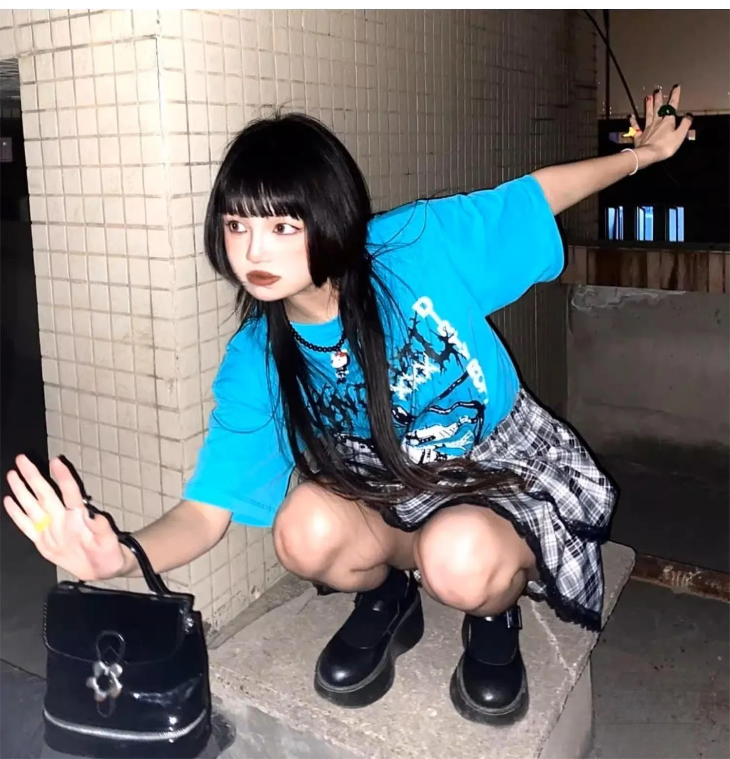 Harajuku Fashion Black White Skirt Plaid Lace Hem Tiered Skirt