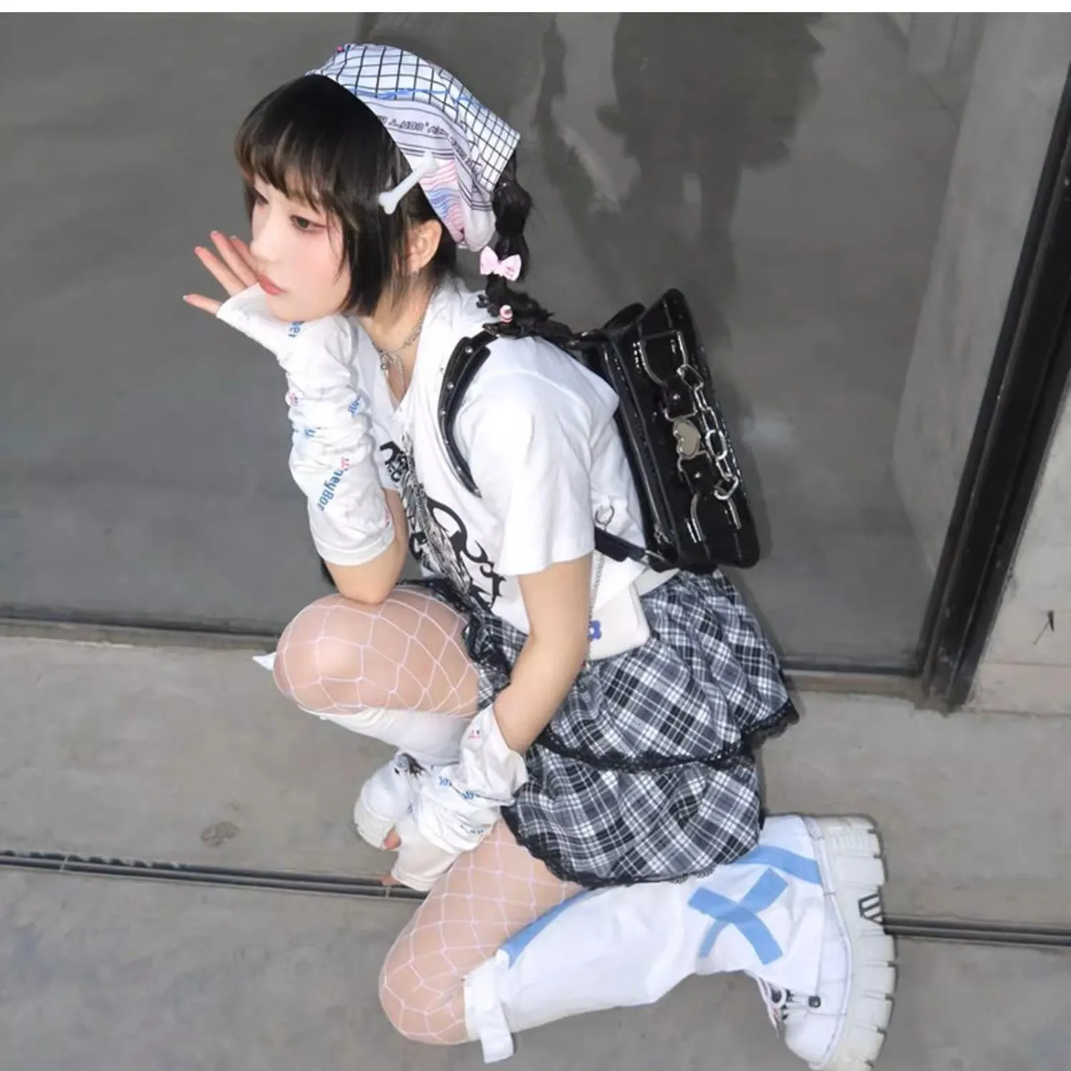 Harajuku Fashion Black White Skirt Plaid Lace Hem Tiered Skirt