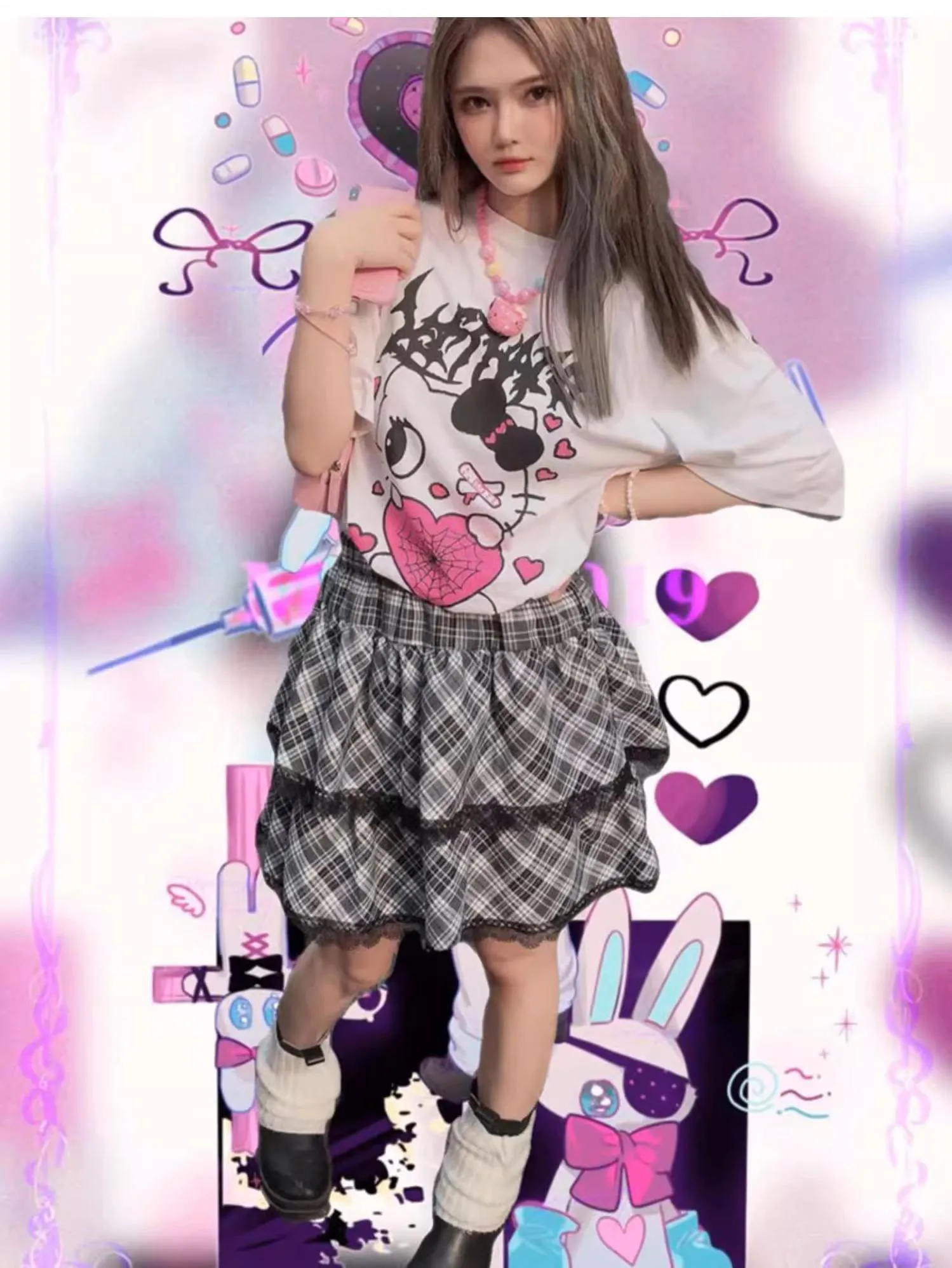 Harajuku Fashion Black White Skirt Plaid Lace Hem Tiered Skirt
