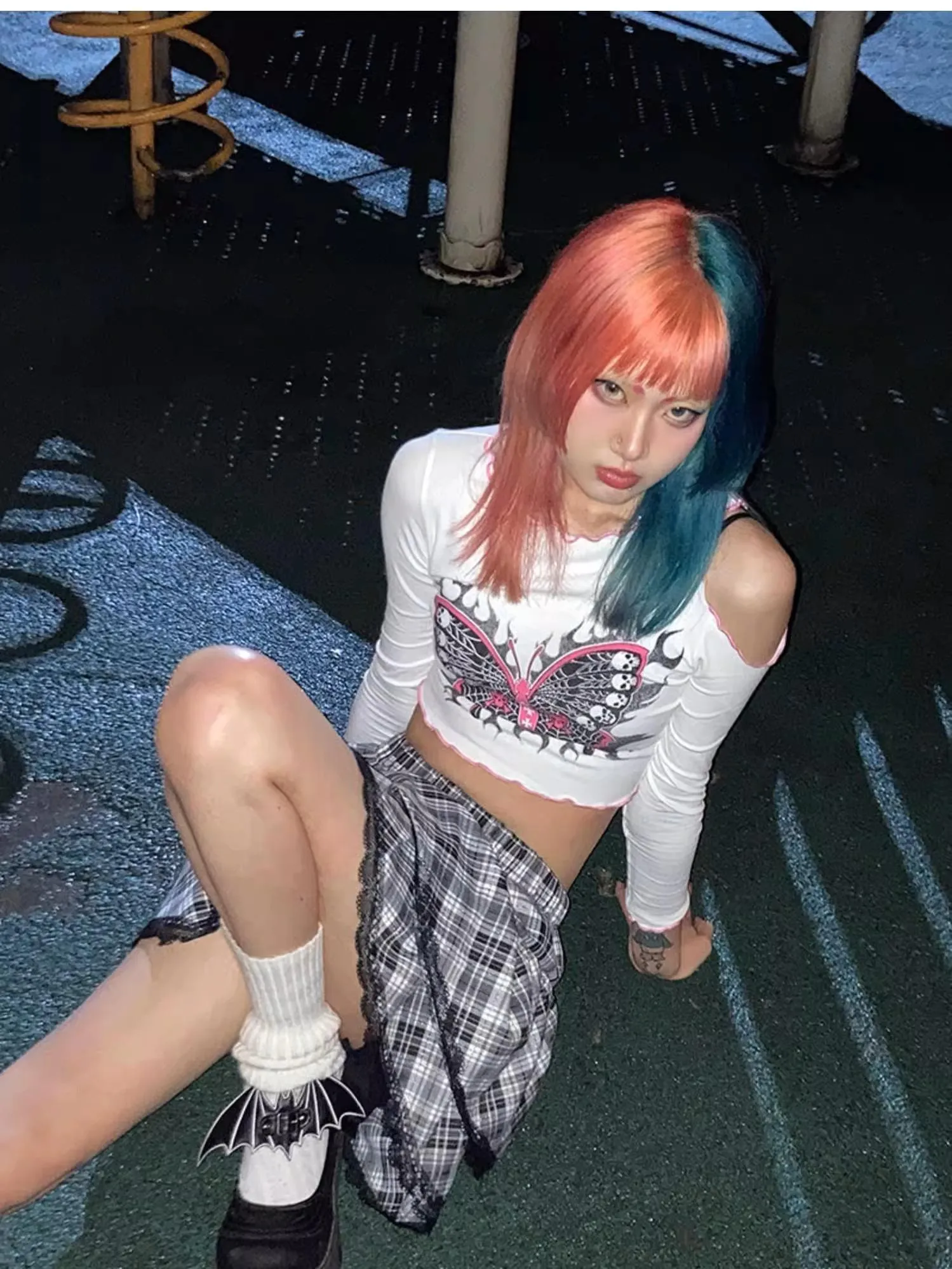 Harajuku Fashion Black White Skirt Plaid Lace Hem Tiered Skirt