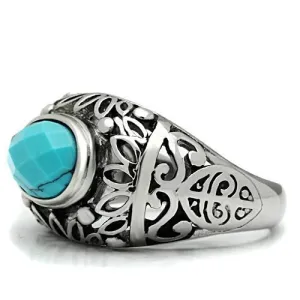 High polished (no plating) Stainless Steel Ring with Synthetic Turquoise in Sea Blue for Women Style TK498