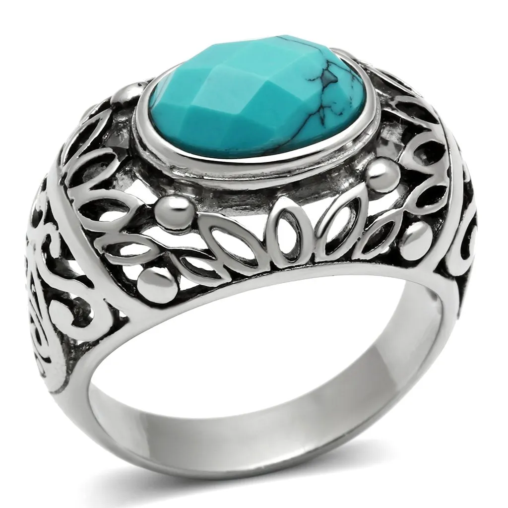 High polished (no plating) Stainless Steel Ring with Synthetic Turquoise in Sea Blue for Women Style TK498