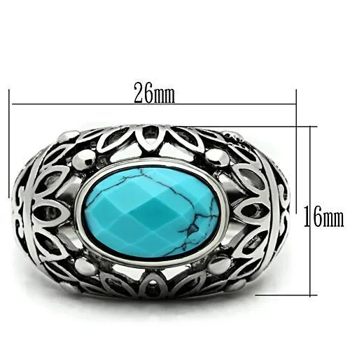High polished (no plating) Stainless Steel Ring with Synthetic Turquoise in Sea Blue for Women Style TK498