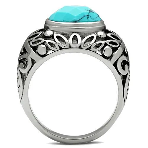 High polished (no plating) Stainless Steel Ring with Synthetic Turquoise in Sea Blue for Women Style TK498