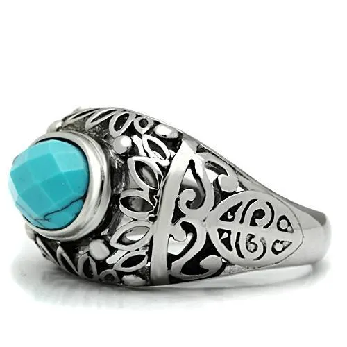 High polished (no plating) Stainless Steel Ring with Synthetic Turquoise in Sea Blue for Women Style TK498