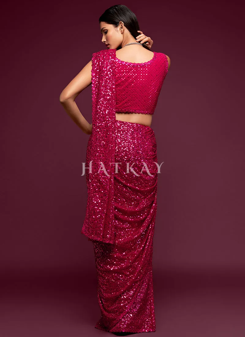 Hot Pink Sequins Embroidery Georgette Saree