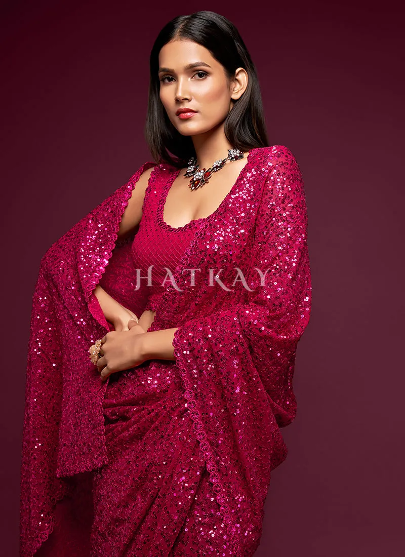 Hot Pink Sequins Embroidery Georgette Saree