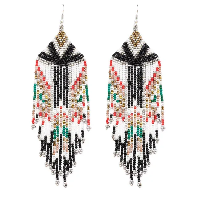 Kaseakia Flag Long Beaded Tassel Dangle Earrings