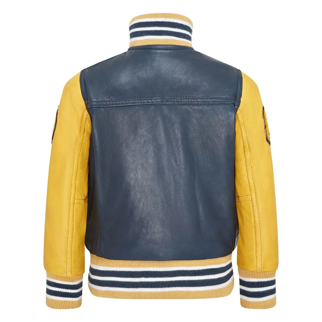 Kids Navy Blue Leather Letterman Bomber Jacket