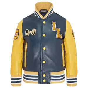 Kids Navy Blue Leather Letterman Bomber Jacket