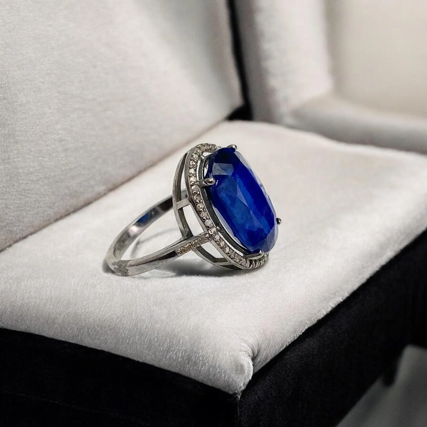 Kyanite & Diamond Ring in Oxidized Silver (Size 7)