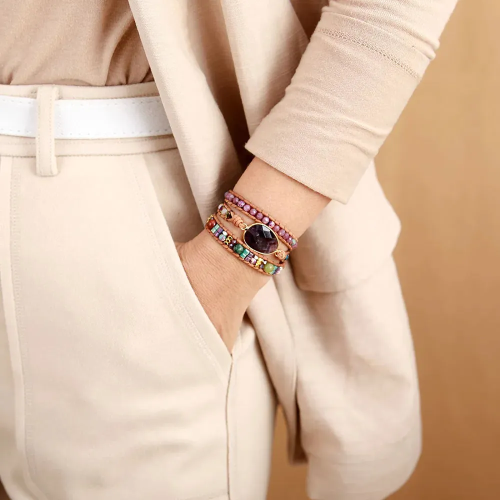 Leather Wrap Bracelet with Amethyst Crystals – Bohemian