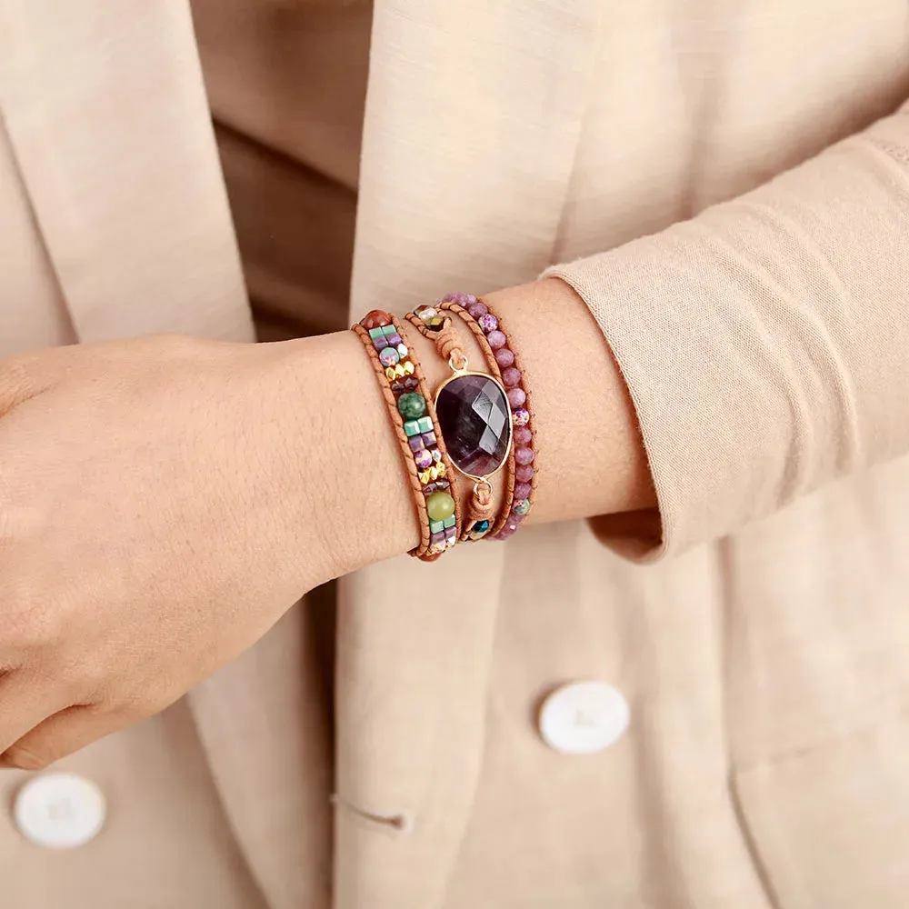Leather Wrap Bracelet with Amethyst Crystals – Bohemian