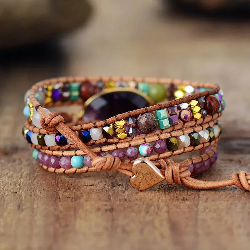 Leather Wrap Bracelet with Amethyst Crystals – Bohemian