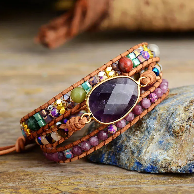 Leather Wrap Bracelet with Amethyst Crystals – Bohemian