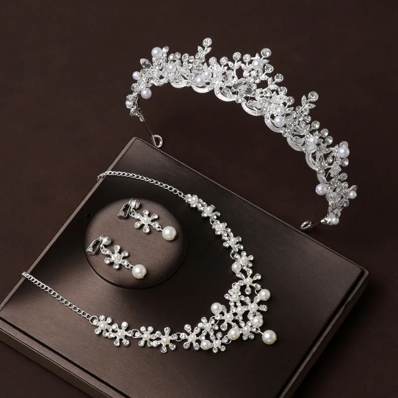 Luxury Accessories Princess  Crown Headband Bridal Tiara Pearl Necklace Three-Piece Set