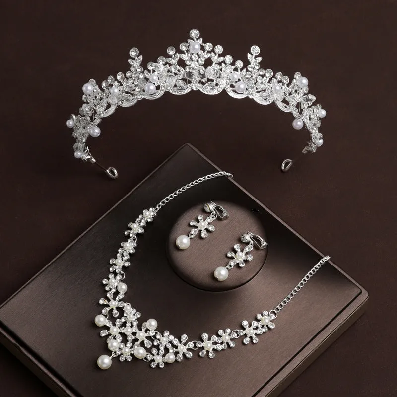 Luxury Accessories Princess  Crown Headband Bridal Tiara Pearl Necklace Three-Piece Set