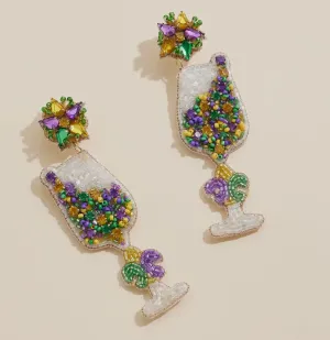 Mardi Gras Wine Glass Beaded Earrings
