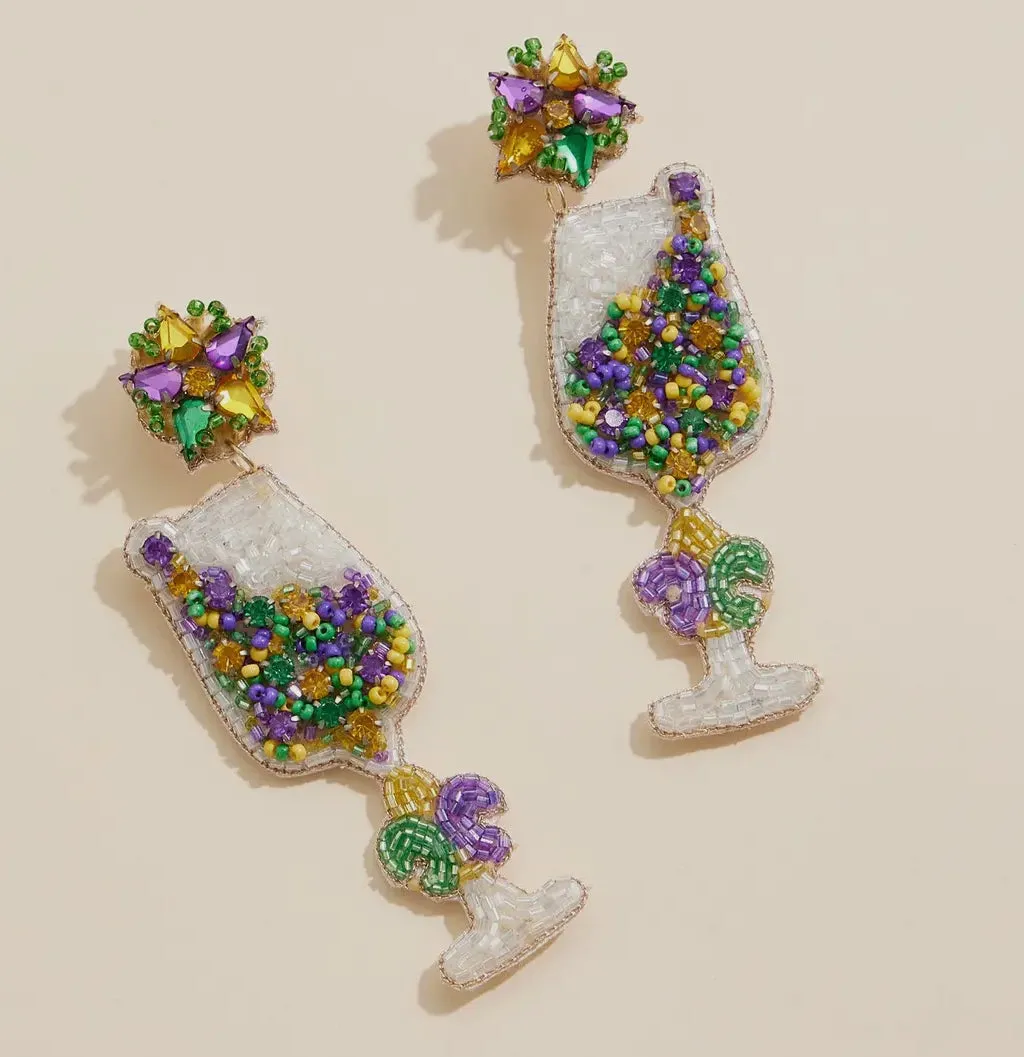 Mardi Gras Wine Glass Beaded Earrings