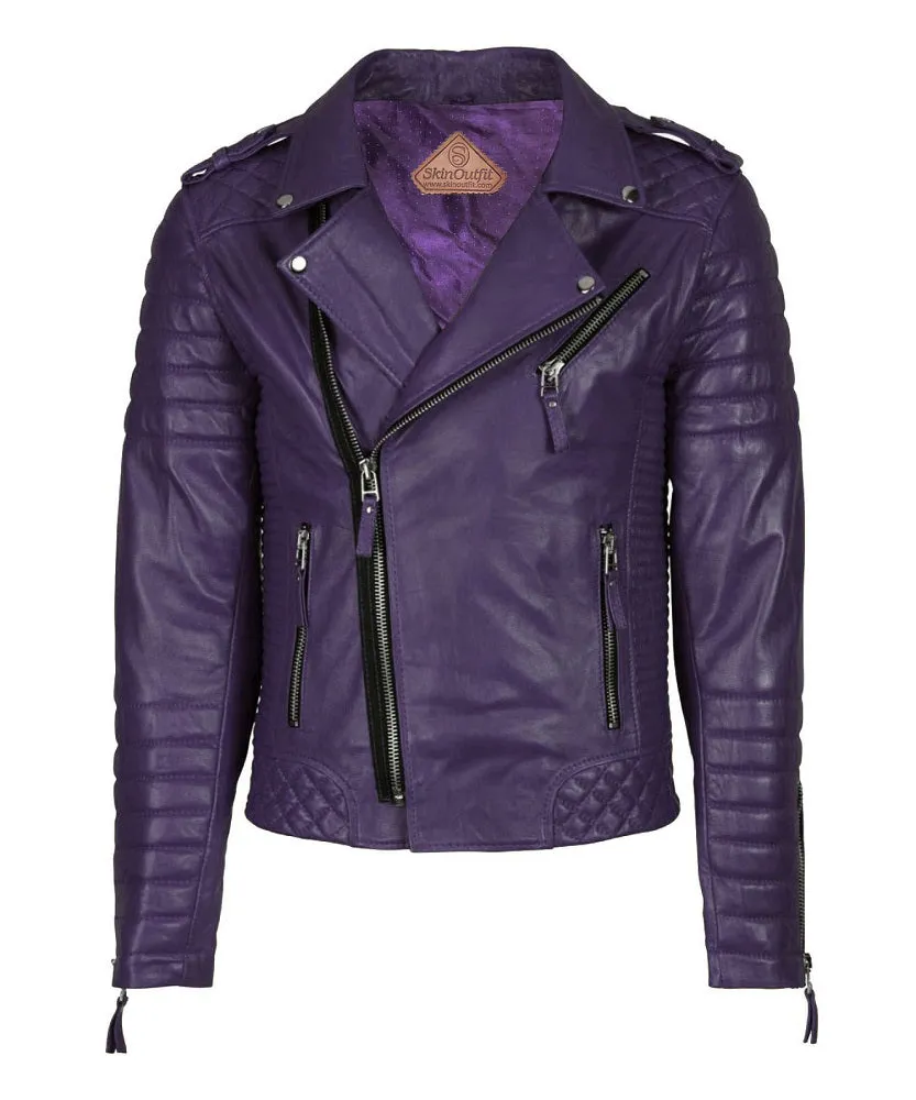 Men Motorcycle Leather Jacket Purple