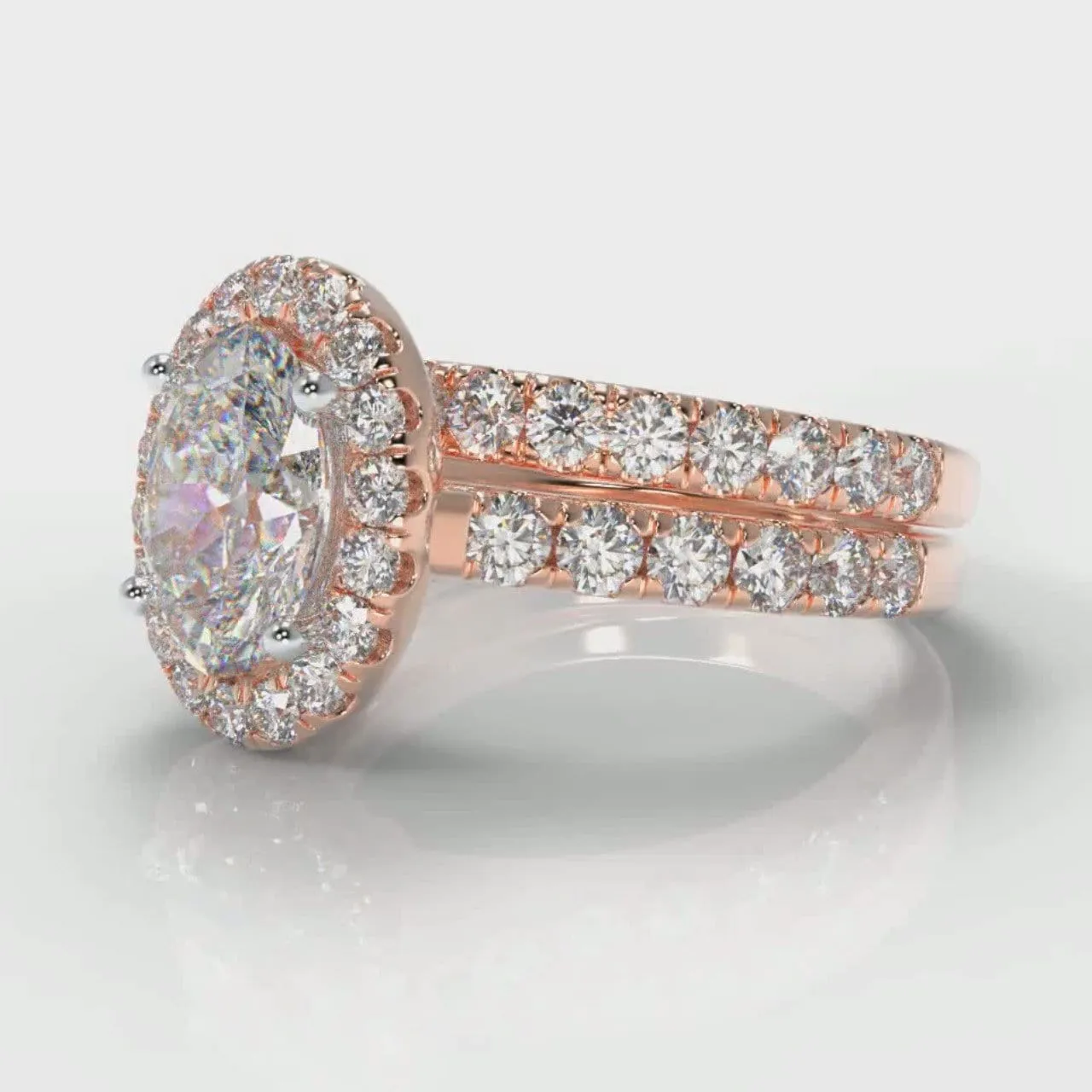 Micropavé Oval Diamond Halo Bridal Set - Rose Gold