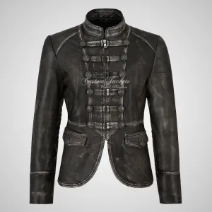 MILITARY Style Ladies Short Studded Leather Jacket Vintage Waxed Leather