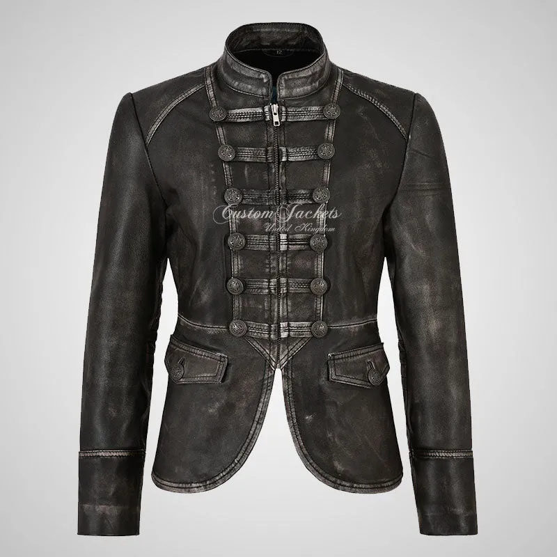 MILITARY Style Ladies Short Studded Leather Jacket Vintage Waxed Leather