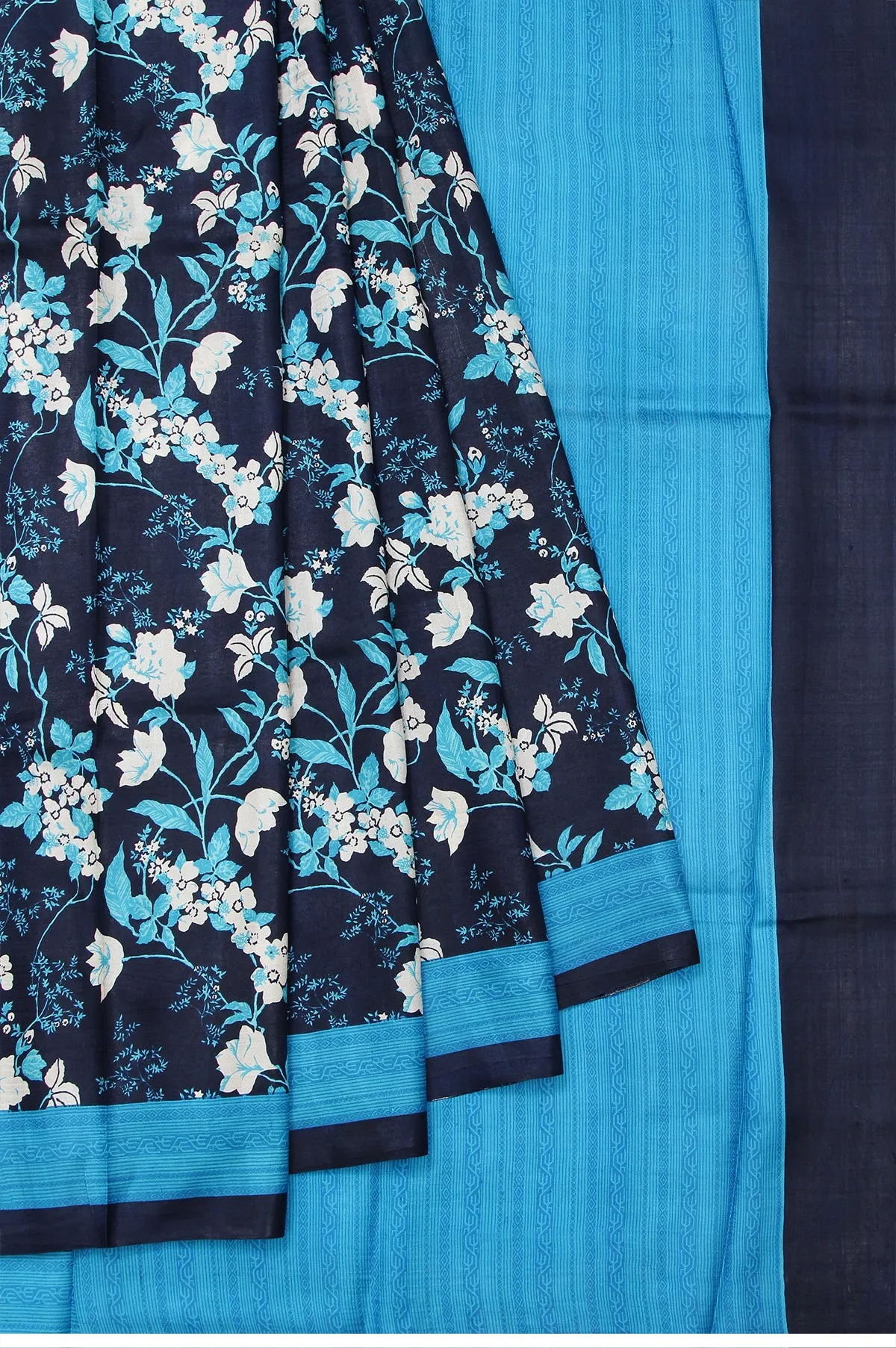 Navy Blue Pure Silk Saree with Diamond Butta and Floral Creeper