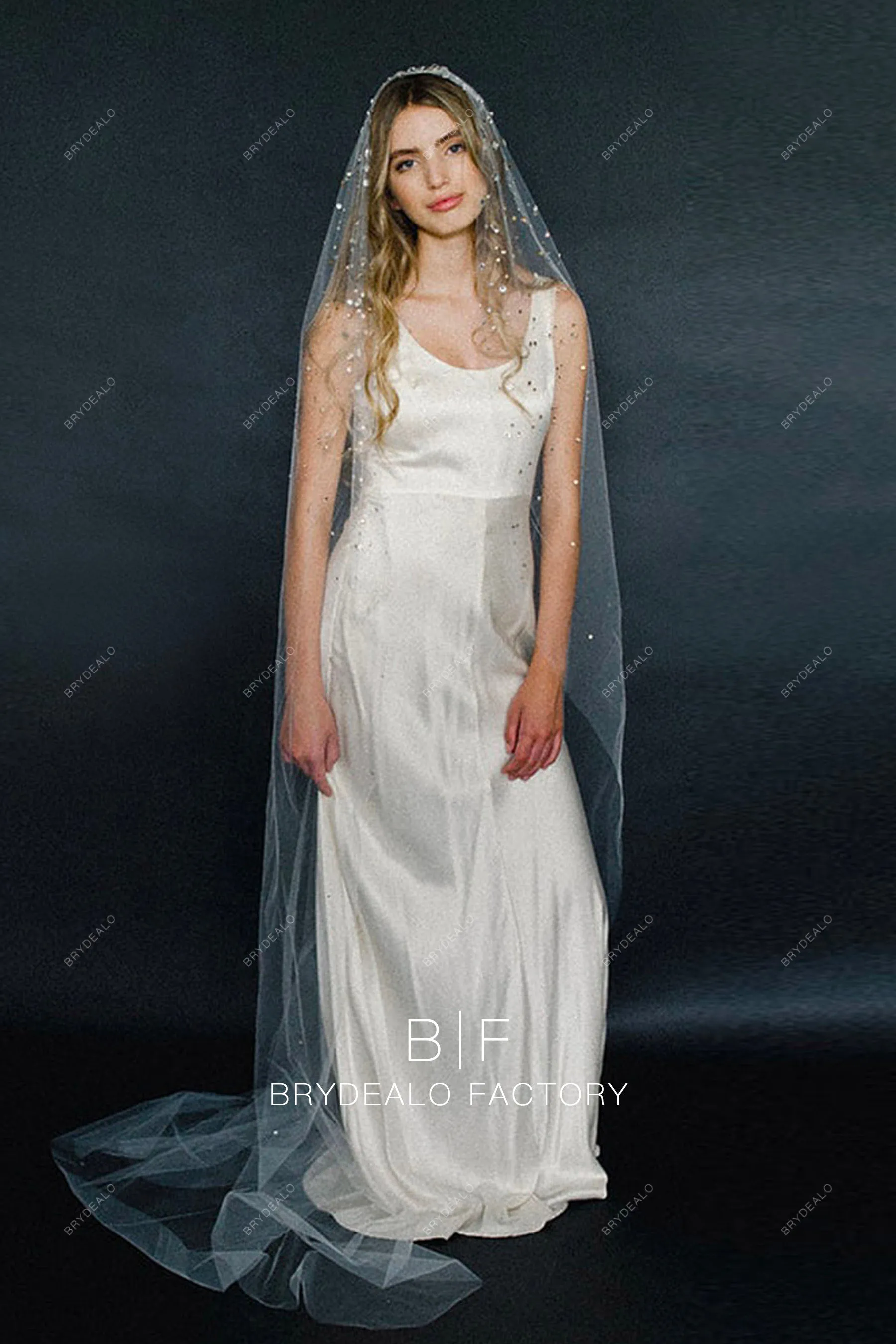 One Tier Chapel Length Rhinestone Tulle Wedding Veil
