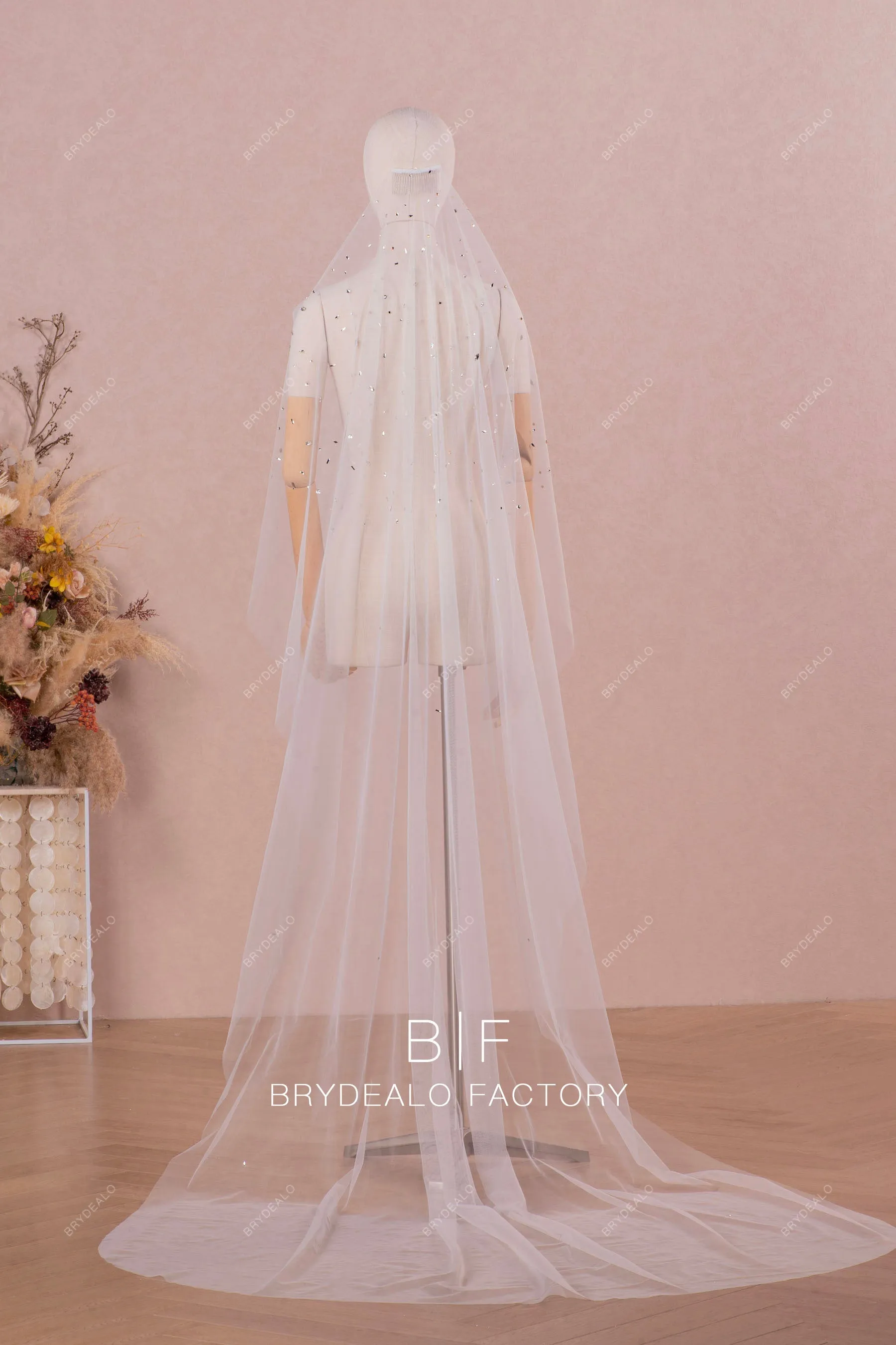 One Tier Chapel Length Rhinestone Tulle Wedding Veil