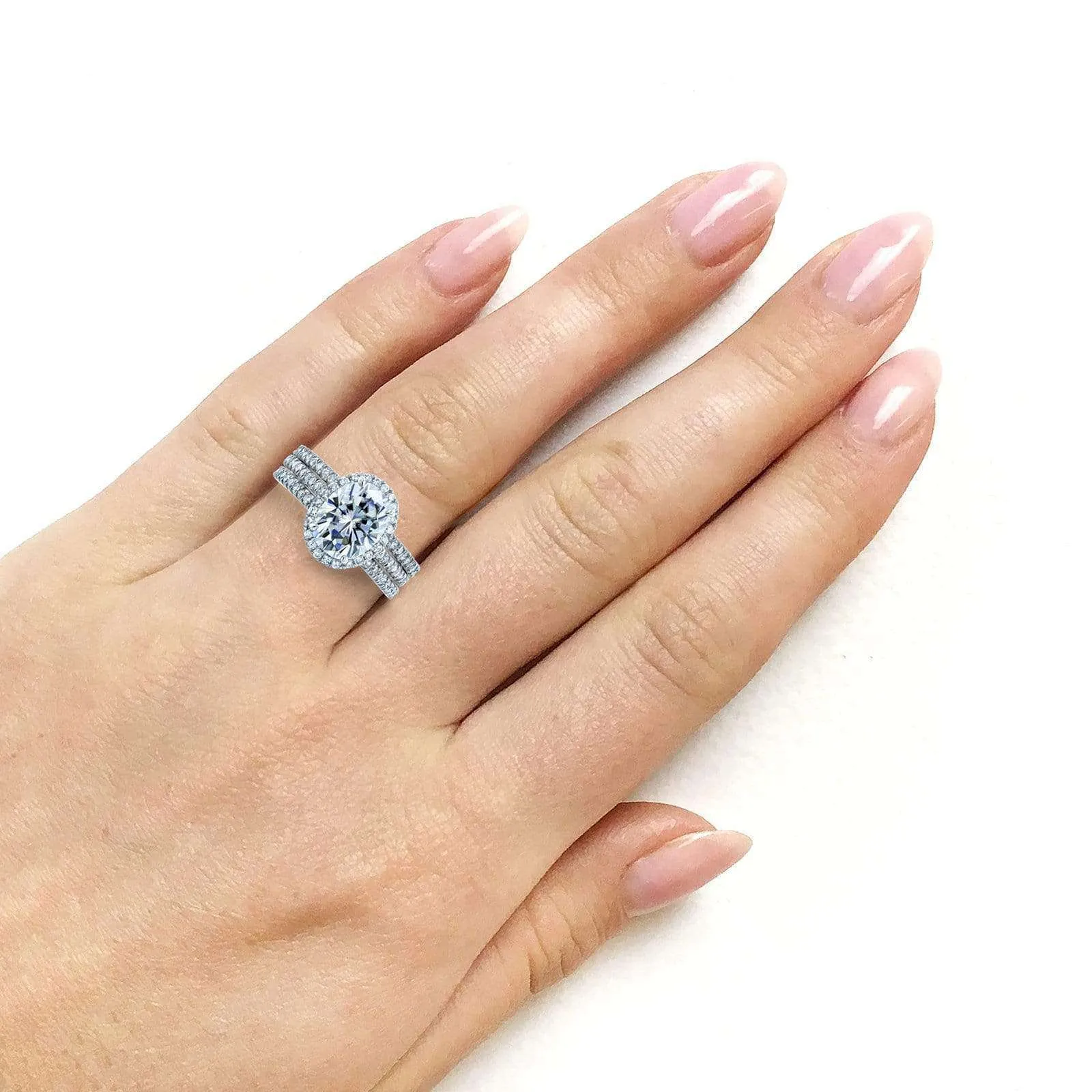 Oval Moissanite and Diamond Halo 3-Piece Bridal Rings Set 2 1/2 CTW 14k White Gold