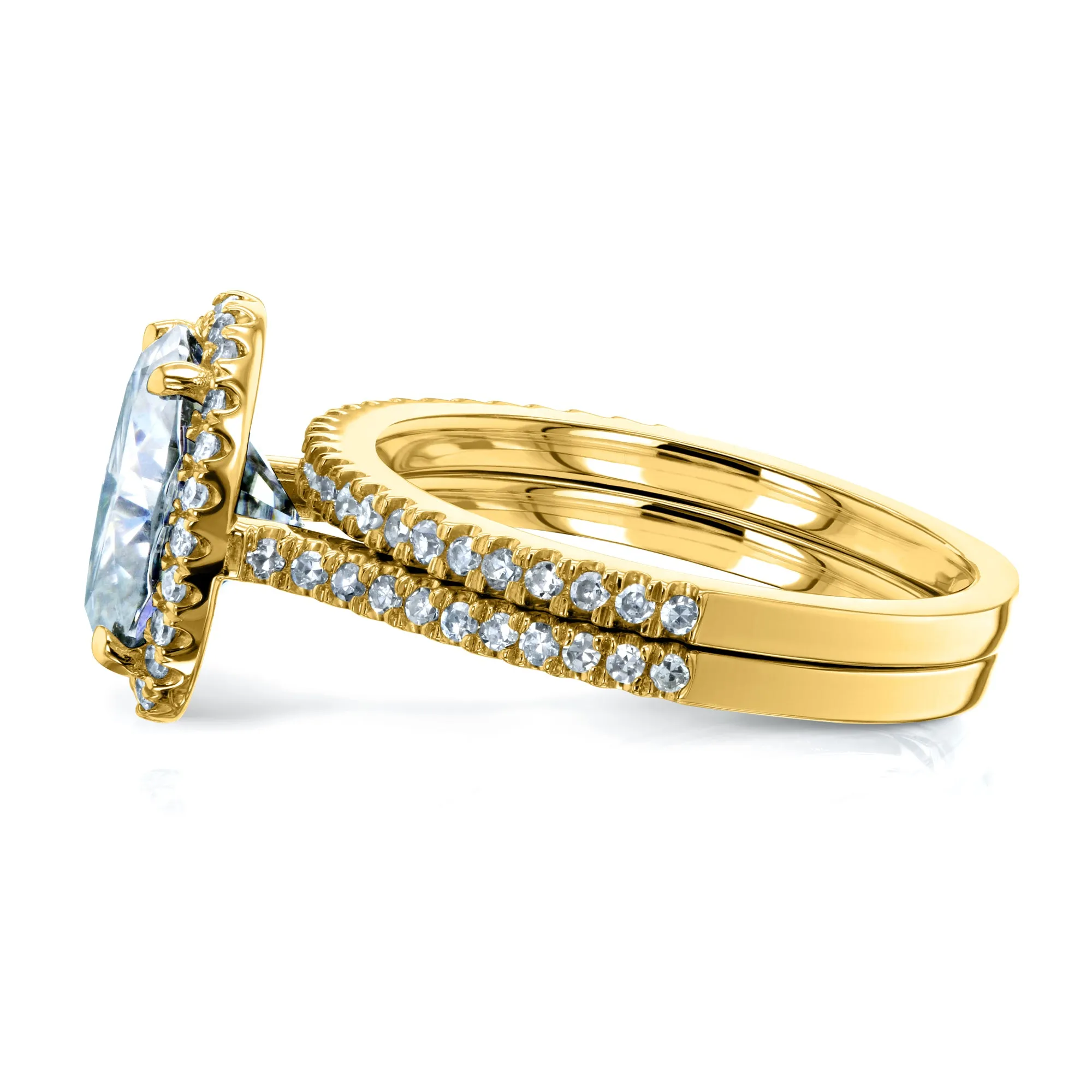 Oval Moissanite and Diamond Halo Bridal Rings Set 2 3/8 CTW 14k Yellow Gold