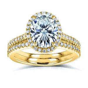 Oval Moissanite and Diamond Halo Bridal Rings Set 2 3/8 CTW 14k Yellow Gold