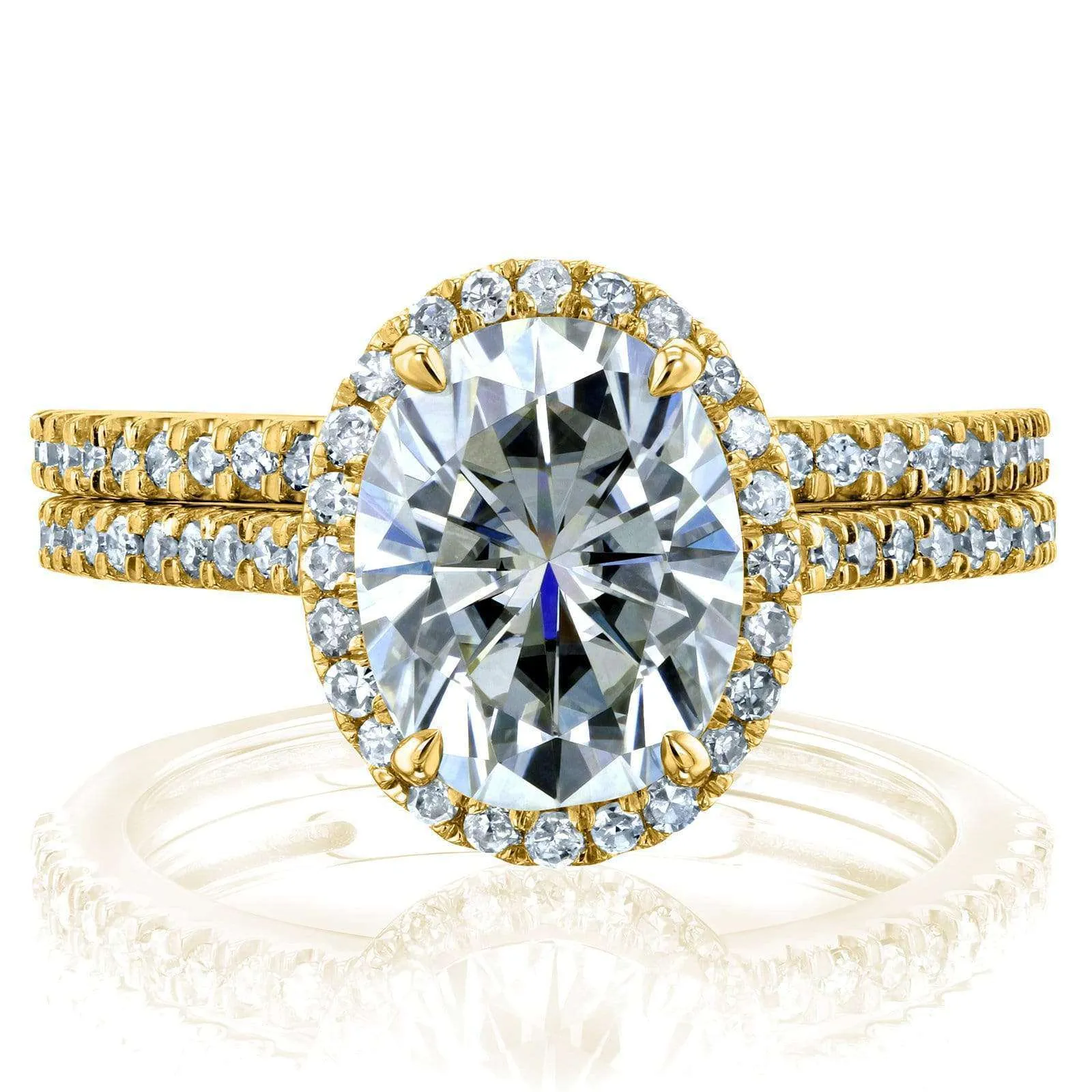 Oval Moissanite and Diamond Halo Bridal Rings Set 2 3/8 CTW 14k Yellow Gold