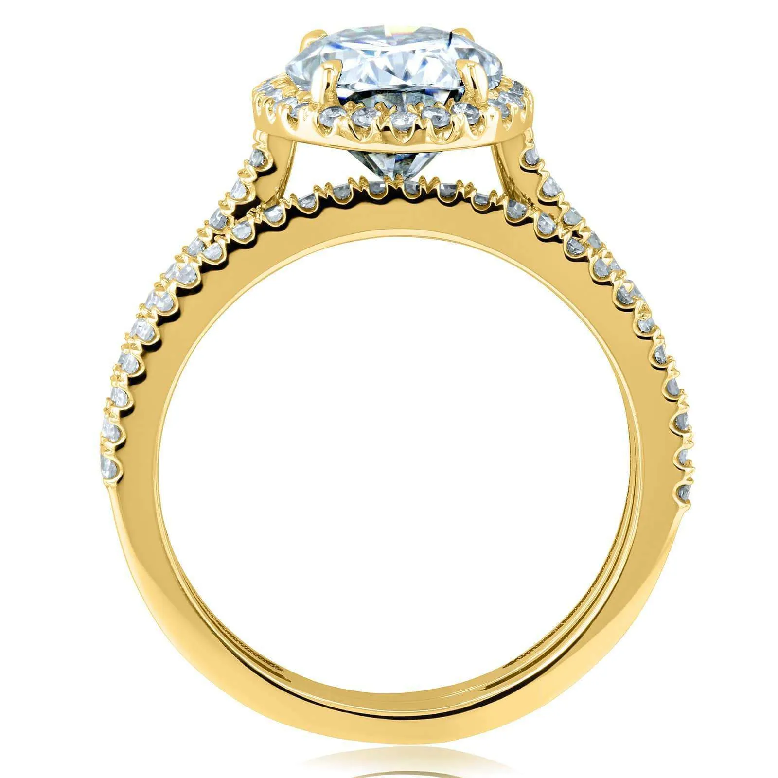 Oval Moissanite and Diamond Halo Bridal Rings Set 2 3/8 CTW 14k Yellow Gold