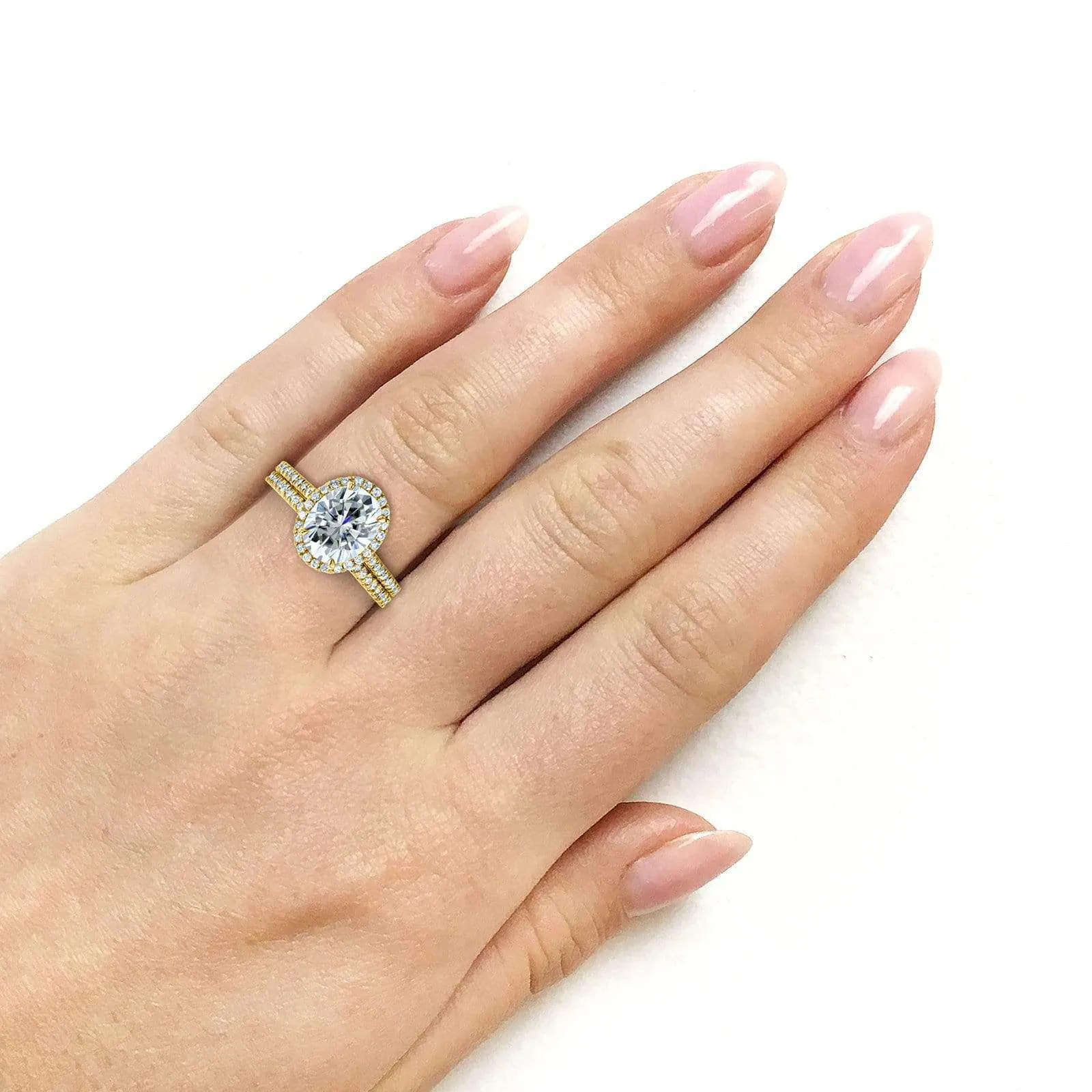 Oval Moissanite and Diamond Halo Bridal Rings Set 2 3/8 CTW 14k Yellow Gold