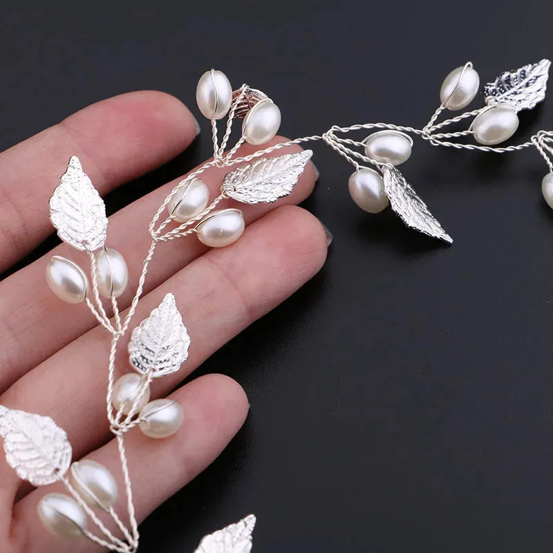 Pearl Flower Leaf Headband Crown – Elegant Bridal Wedding Hairpiece