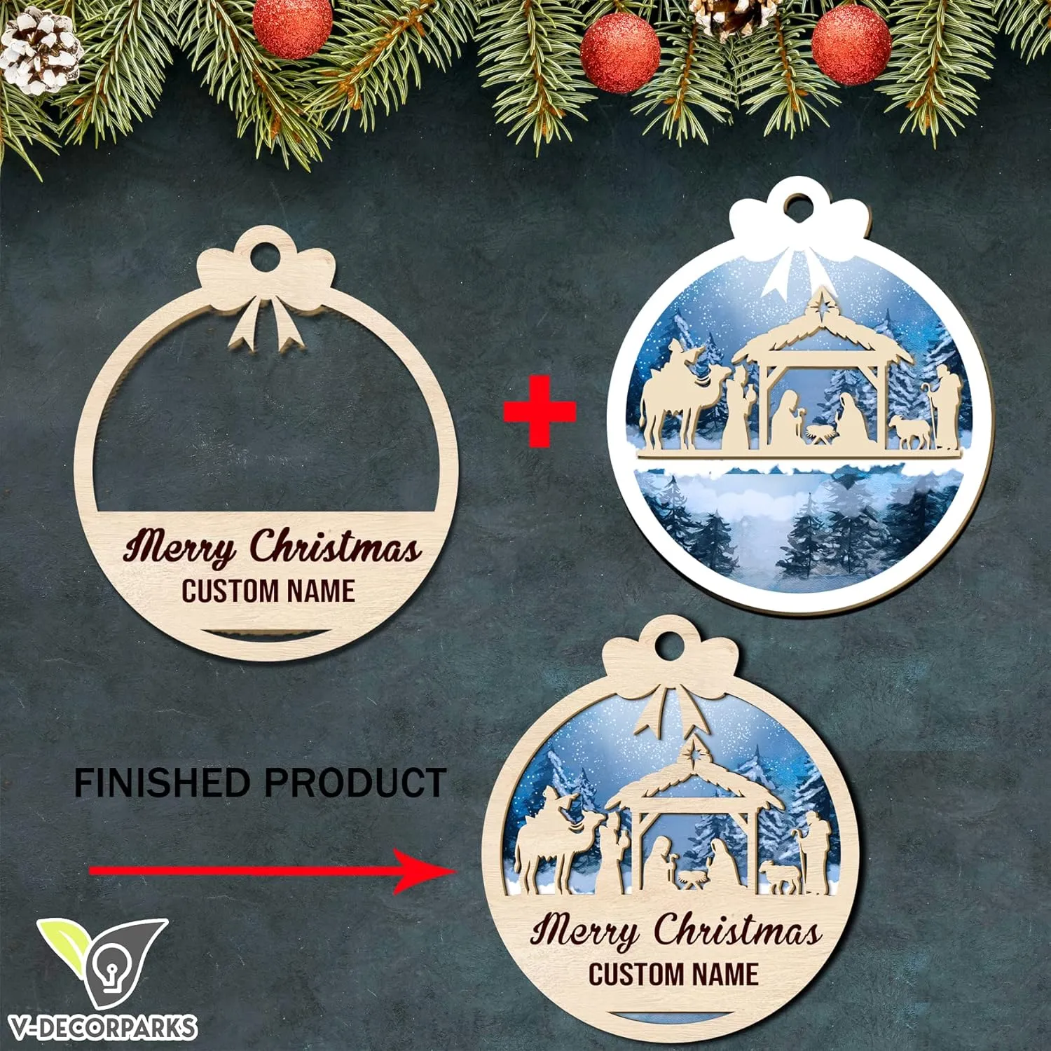 Personalized Nativity Scene Wood Layered Ornaments - Personalized Ornaments for Christmas Tree Decorations
