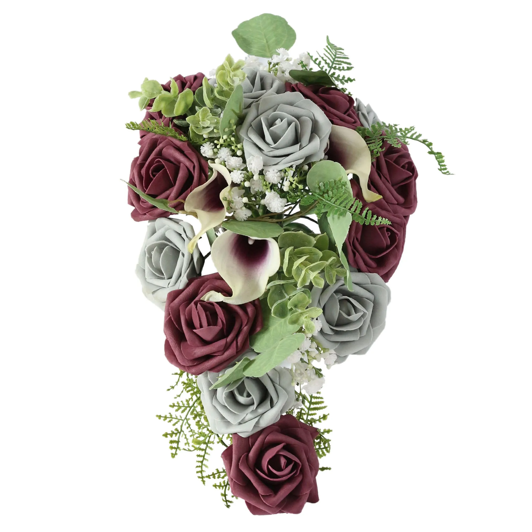 Plum Gray Roses Cascading Bouquet Fake Flower Greenery Bouquet