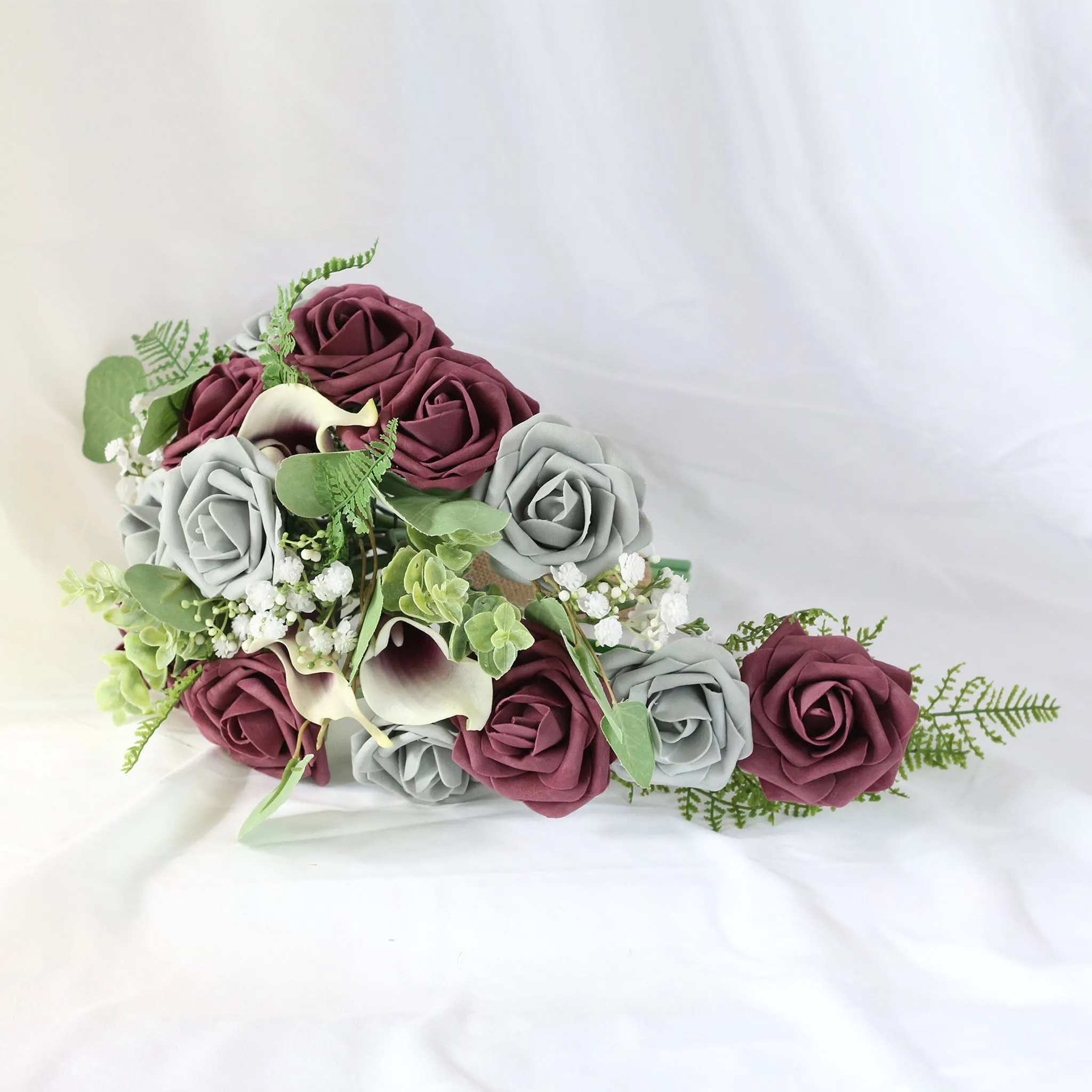 Plum Gray Roses Cascading Bouquet Fake Flower Greenery Bouquet