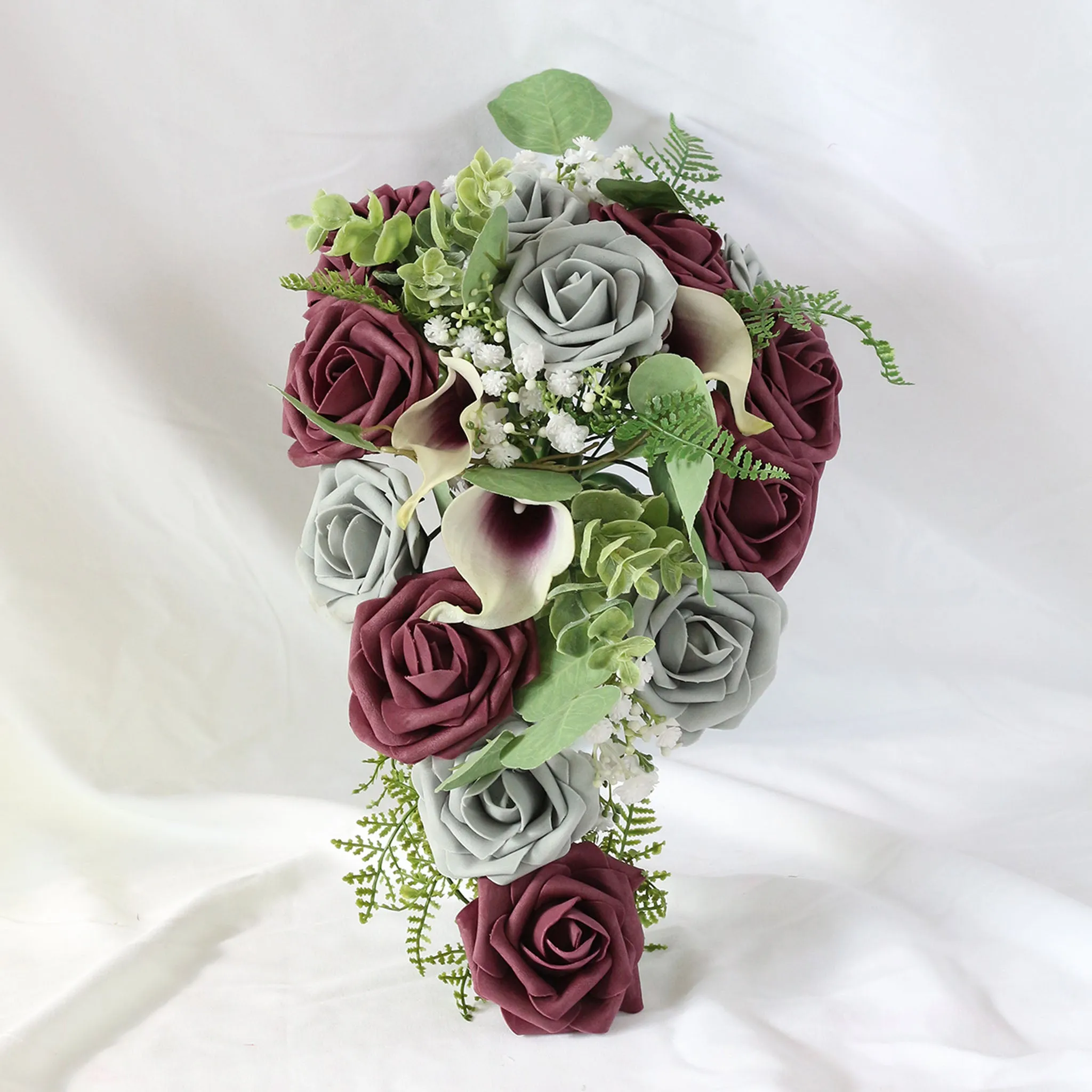 Plum Gray Roses Cascading Bouquet Fake Flower Greenery Bouquet