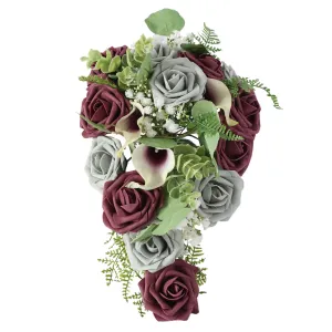 Plum Gray Roses Cascading Bouquet Fake Flower Greenery Bouquet