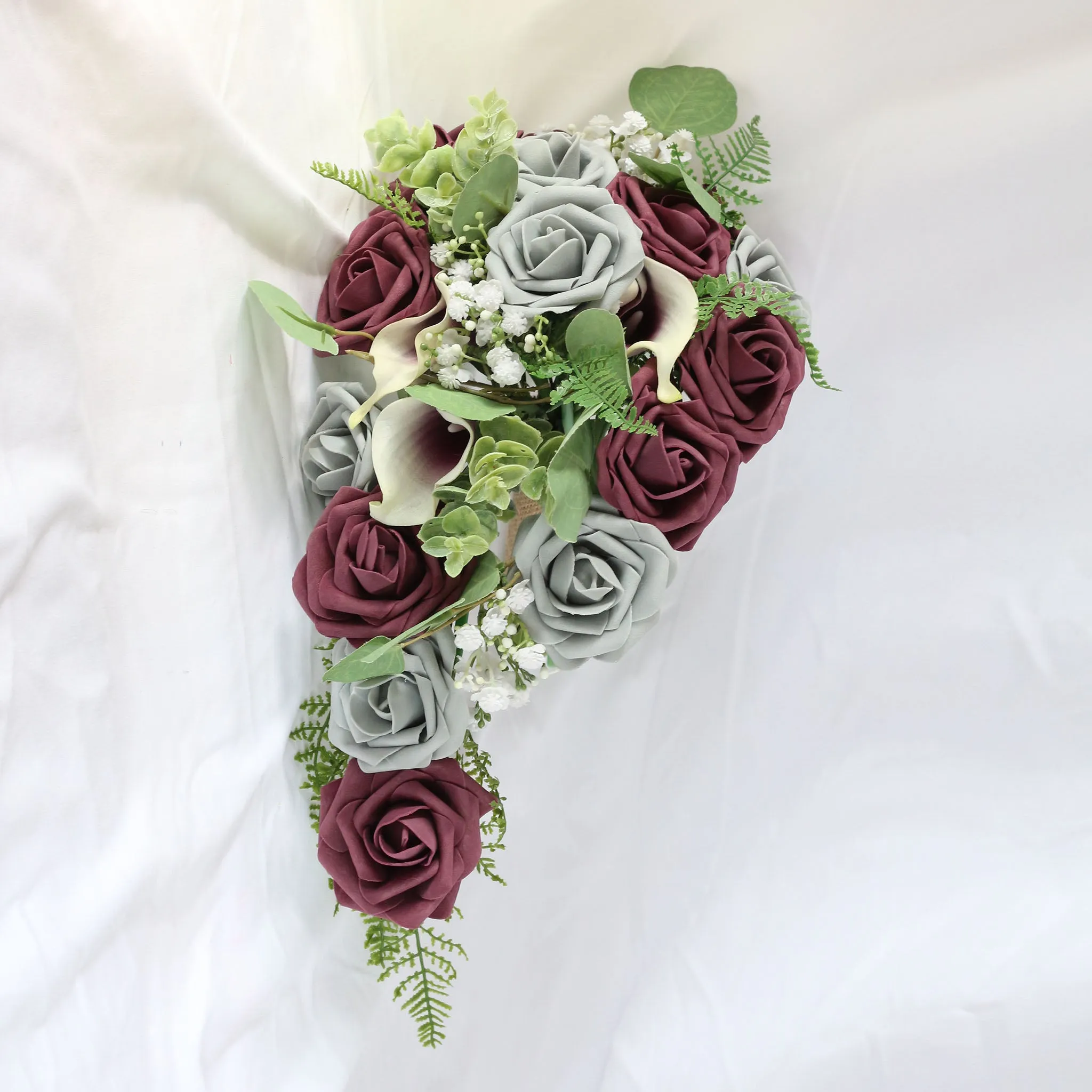 Plum Gray Roses Cascading Bouquet Fake Flower Greenery Bouquet